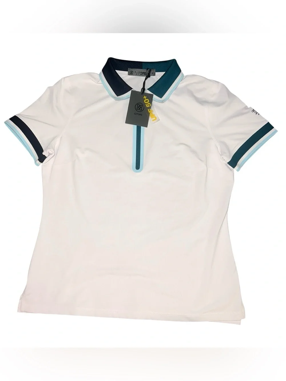 G/FORE White Polo Shirt with Teal and Navy Trim Womens Golf Short Preppy Small - Picture 1 of 7